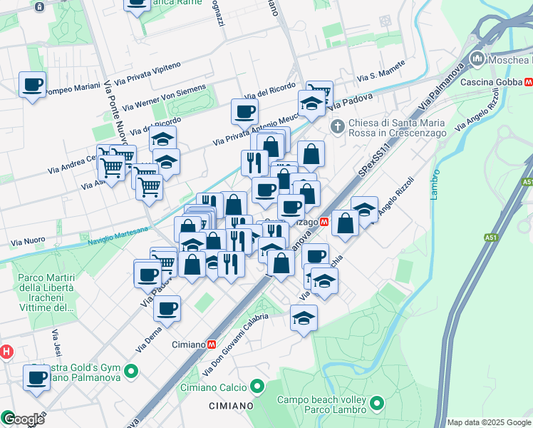 map of restaurants, bars, coffee shops, grocery stores, and more near 24 Via Privata Giovanni Verrazzano in Milan