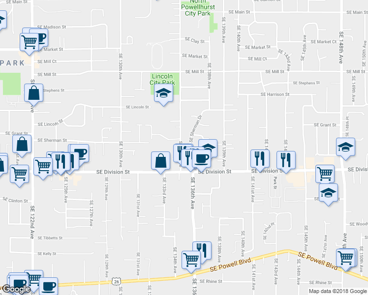 map of restaurants, bars, coffee shops, grocery stores, and more near 13506 Southeast Sherman Drive in Portland