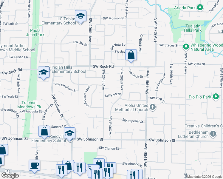 map of restaurants, bars, coffee shops, grocery stores, and more near 20350 Southwest Erin Place in Aloha