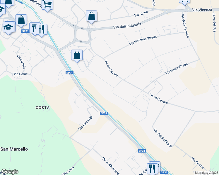 map of restaurants, bars, coffee shops, grocery stores, and more near 74 Via della Concia in Arzignano