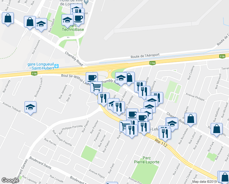 map of restaurants, bars, coffee shops, grocery stores, and more near 2350 Rue Malo in Longueuil