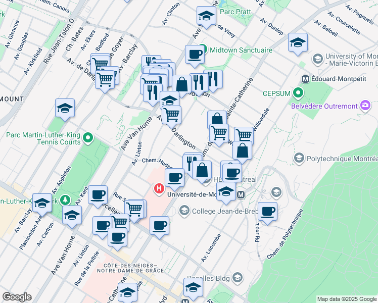 map of restaurants, bars, coffee shops, grocery stores, and more near 5730 Avenue de Darlington in Montréal