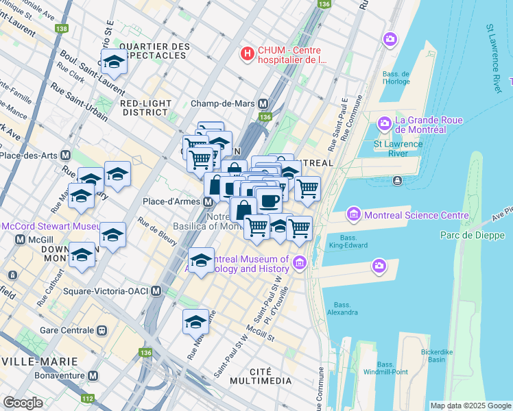 map of restaurants, bars, coffee shops, grocery stores, and more near in Montreal