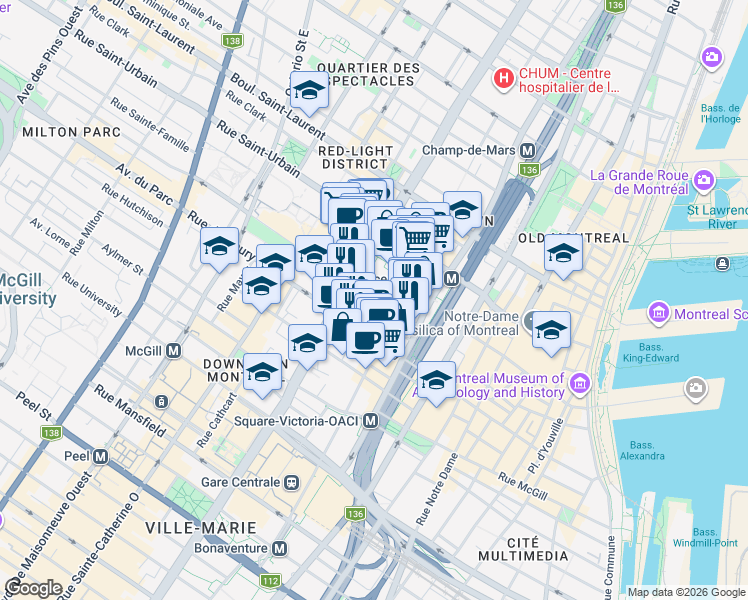 map of restaurants, bars, coffee shops, grocery stores, and more near 1100 Rue Jeanne-Mance in Montréal