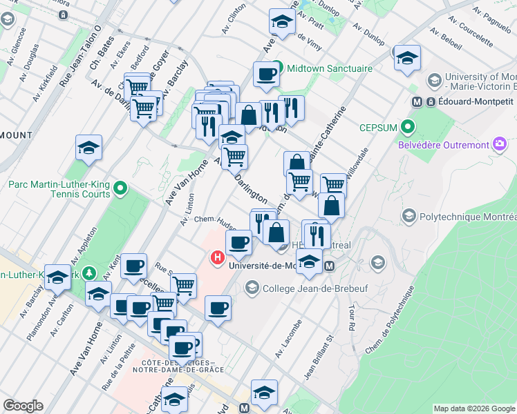map of restaurants, bars, coffee shops, grocery stores, and more near 5730 Avenue de Darlington in Montrã©Al