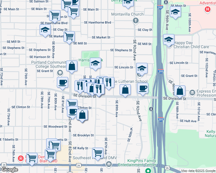 map of restaurants, bars, coffee shops, grocery stores, and more near 2369 Southeast 89th Avenue in Portland