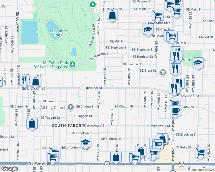 map of restaurants, bars, coffee shops, grocery stores, and more near 2347 Southeast 72nd Avenue in Portland