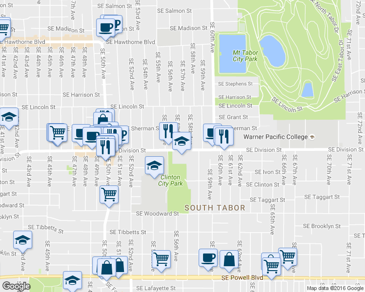 map of restaurants, bars, coffee shops, grocery stores, and more near 5739 Southeast Division Street in Portland