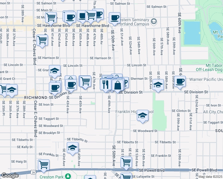 map of restaurants, bars, coffee shops, grocery stores, and more near 4935 Southeast Division Street in Portland