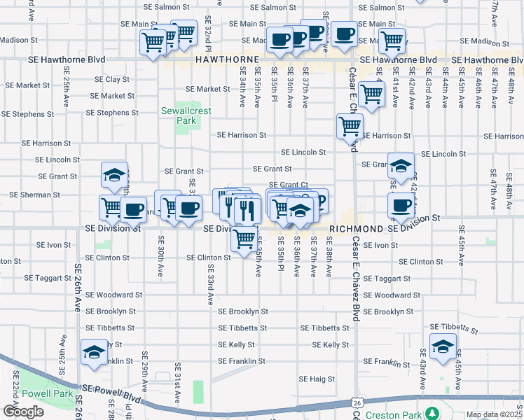 map of restaurants, bars, coffee shops, grocery stores, and more near in Portland