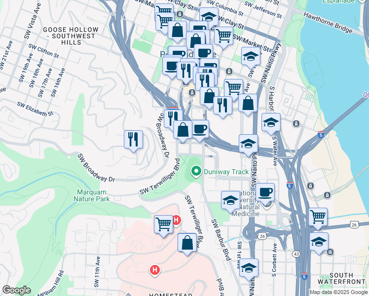 map of restaurants, bars, coffee shops, grocery stores, and more near 2415 Southwest 5th Avenue in Portland