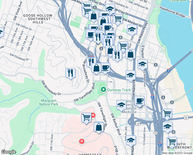 map of restaurants, bars, coffee shops, grocery stores, and more near 2415 Southwest 5th Avenue in Portland