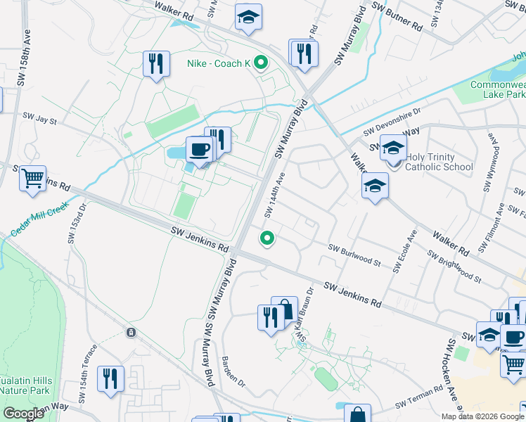 map of restaurants, bars, coffee shops, grocery stores, and more near 14380 Southwest Burlwood Street in Beaverton