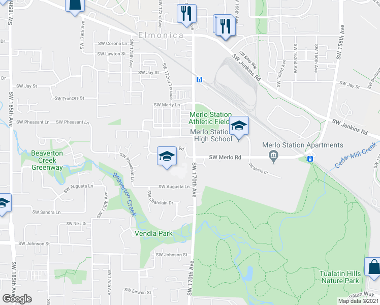 map of restaurants, bars, coffee shops, grocery stores, and more near 17060 Southwest Merlo Road in Beaverton