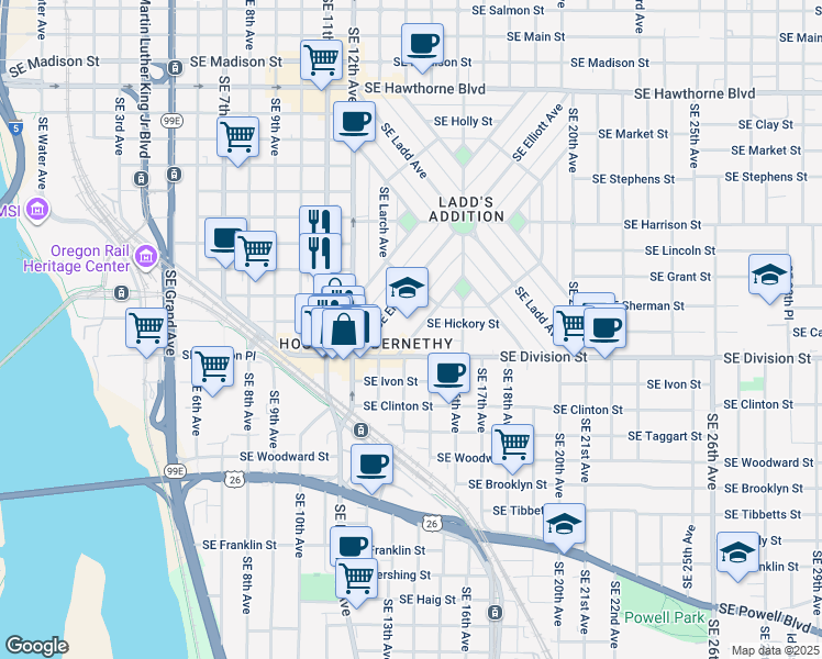 map of restaurants, bars, coffee shops, grocery stores, and more near 2421 Southeast Orange Avenue in Portland