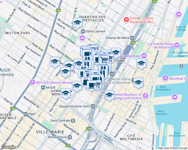 map of restaurants, bars, coffee shops, grocery stores, and more near 1100 Jeanne-Mance Street in Montreal