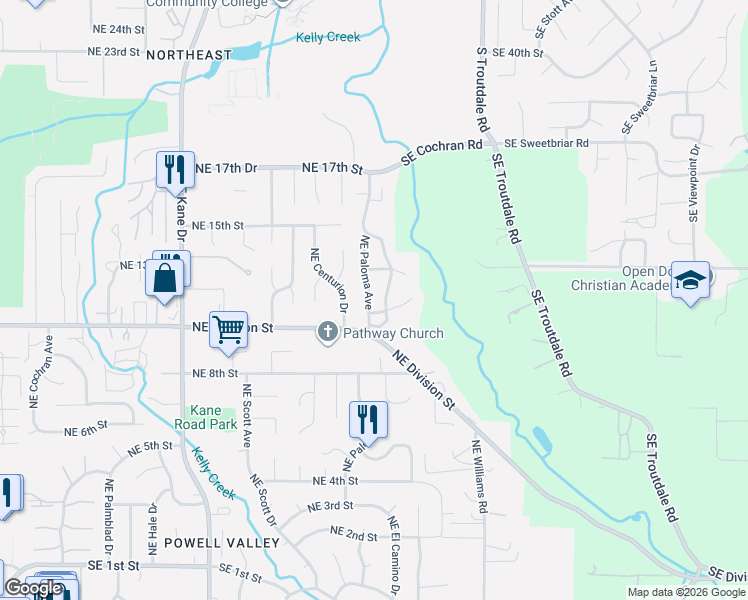 map of restaurants, bars, coffee shops, grocery stores, and more near 1156 Northeast Paloma Avenue in Gresham