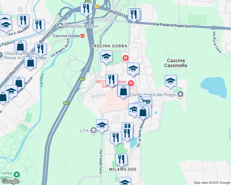 map of restaurants, bars, coffee shops, grocery stores, and more near 60 Via Olgettina in Milano