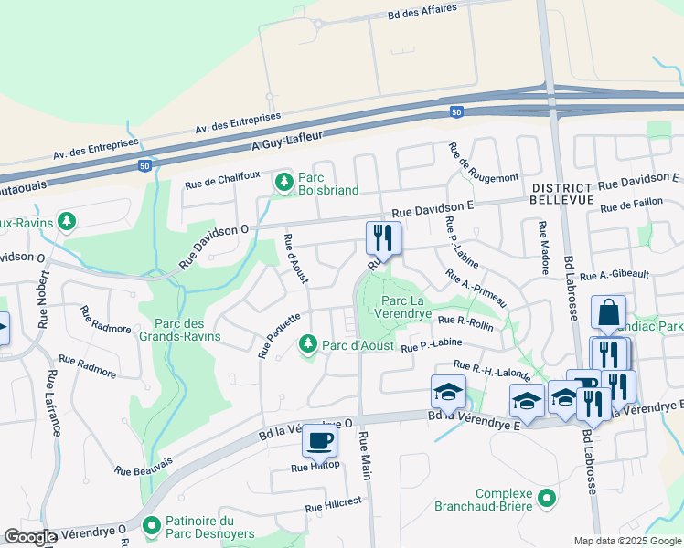 map of restaurants, bars, coffee shops, grocery stores, and more near 44 Rue Brazeau in Gatineau