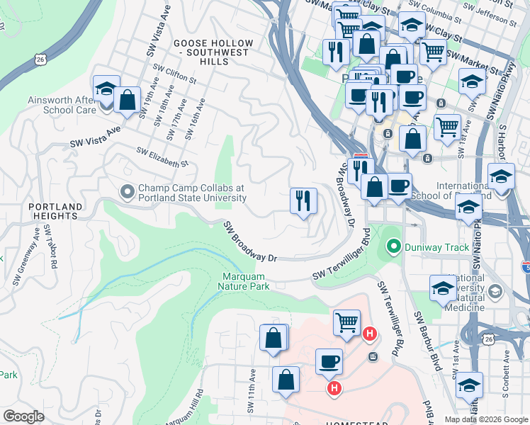 map of restaurants, bars, coffee shops, grocery stores, and more near 1137 Southwest Davenport Street in Portland