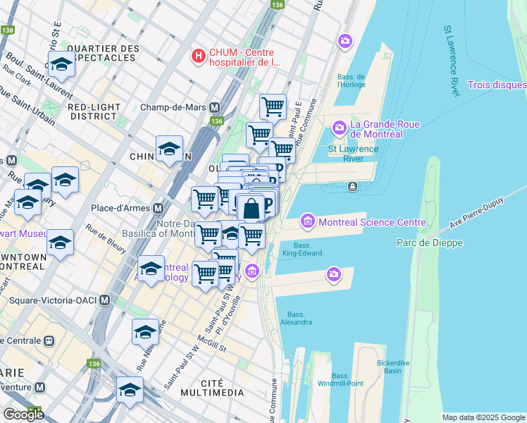 map of restaurants, bars, coffee shops, grocery stores, and more near in Montreal