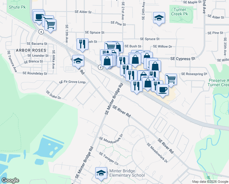 map of restaurants, bars, coffee shops, grocery stores, and more near 1901 Southeast Minter Bridge Road in Hillsboro