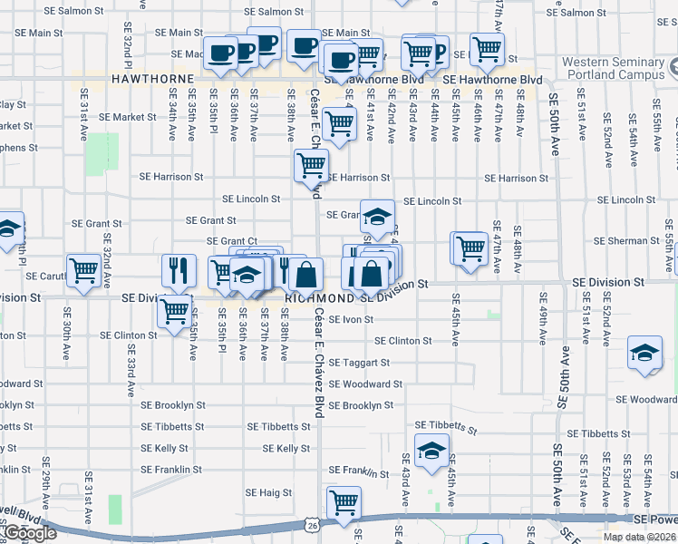 map of restaurants, bars, coffee shops, grocery stores, and more near 2333 Southeast 40th Avenue in Portland