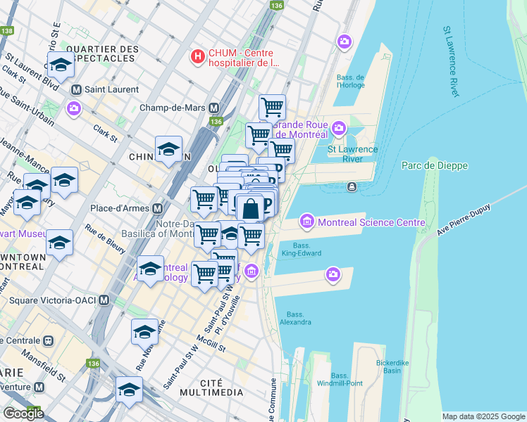 map of restaurants, bars, coffee shops, grocery stores, and more near 215 Boulevard Saint-Laurent in Montréal