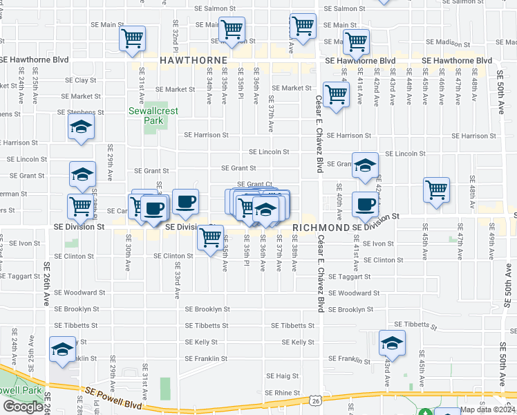 map of restaurants, bars, coffee shops, grocery stores, and more near 3597 Southeast Caruthers Street in Portland