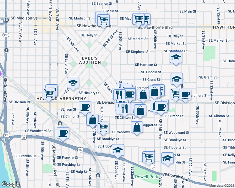 map of restaurants, bars, coffee shops, grocery stores, and more near 2428 Southeast Ladd Avenue in Portland