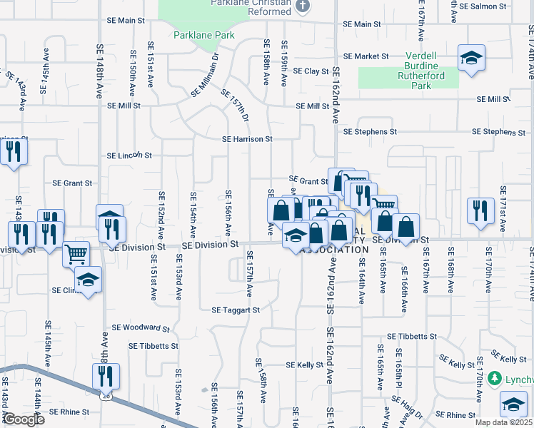 map of restaurants, bars, coffee shops, grocery stores, and more near 2327 Southeast 158th Avenue in Portland