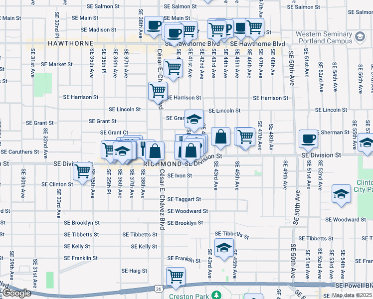 map of restaurants, bars, coffee shops, grocery stores, and more near 2333 Southeast 41st Avenue in Portland