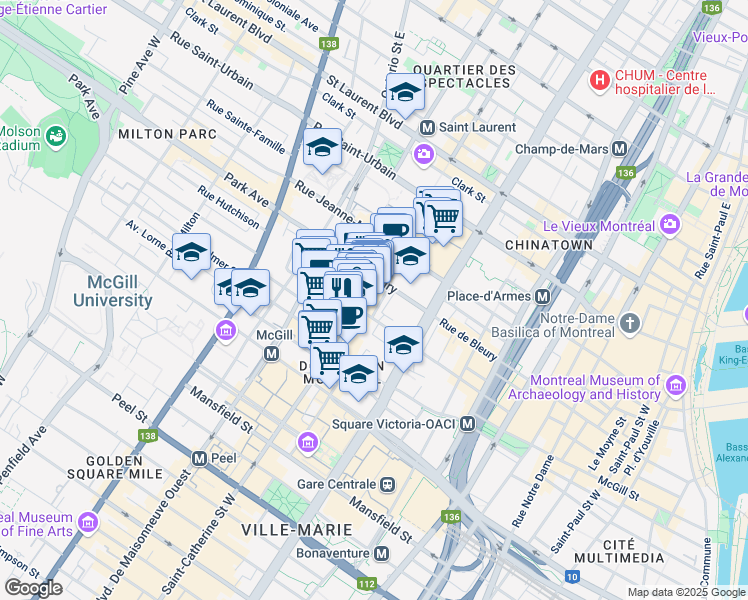 map of restaurants, bars, coffee shops, grocery stores, and more near 372 Saint-Catherine Street West in Montreal