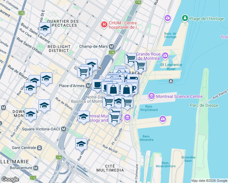 map of restaurants, bars, coffee shops, grocery stores, and more near 54 Rue Saint-Antoine Ouest in Montréal