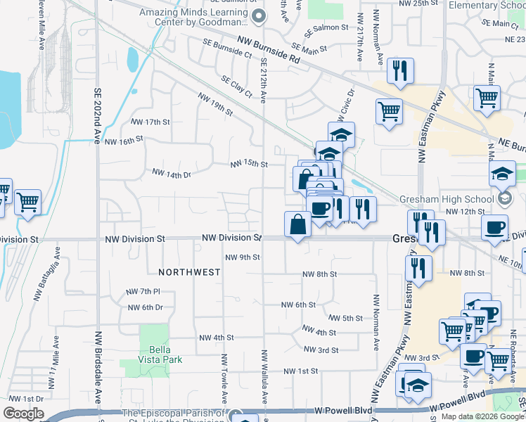 map of restaurants, bars, coffee shops, grocery stores, and more near C Northwest Wallula Avenue in Gresham