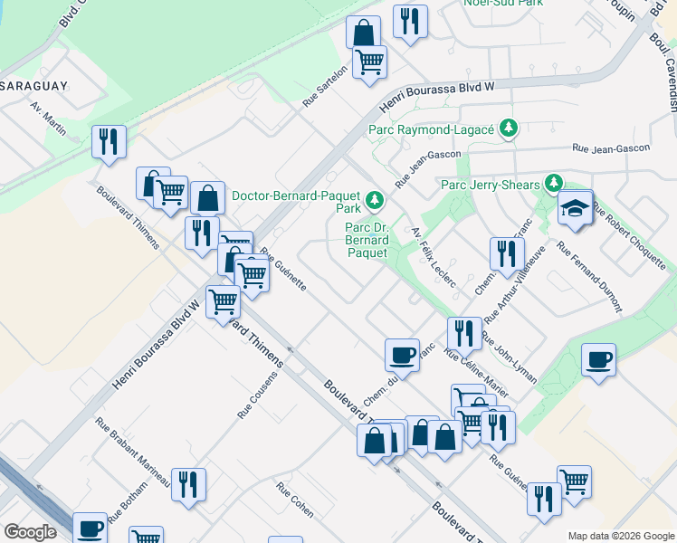 map of restaurants, bars, coffee shops, grocery stores, and more near 2892 Rue Guy Hoffmann in Montréal