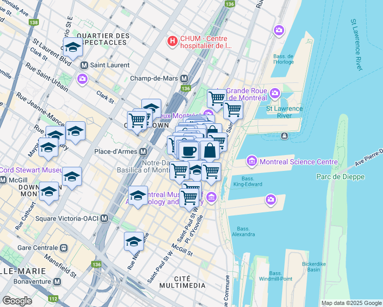 map of restaurants, bars, coffee shops, grocery stores, and more near 30 Rue Notre-Dame Ouest in Montréal