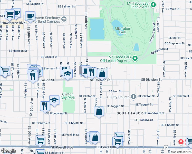 map of restaurants, bars, coffee shops, grocery stores, and more near 6125 Southeast Division Street in Portland