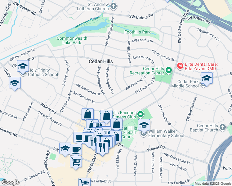 map of restaurants, bars, coffee shops, grocery stores, and more near 12335 Southwest Faircrest Street in Portland