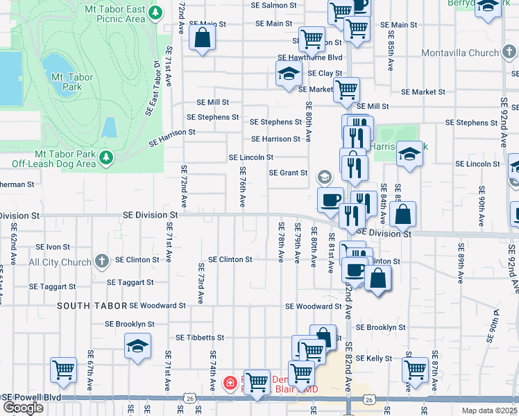 map of restaurants, bars, coffee shops, grocery stores, and more near 7645 Southeast Division Street in Portland