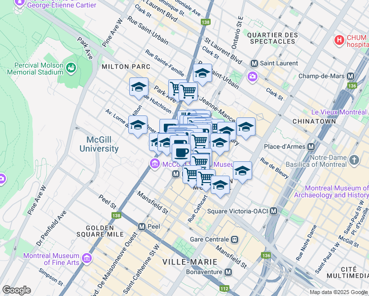 map of restaurants, bars, coffee shops, grocery stores, and more near in Montreal