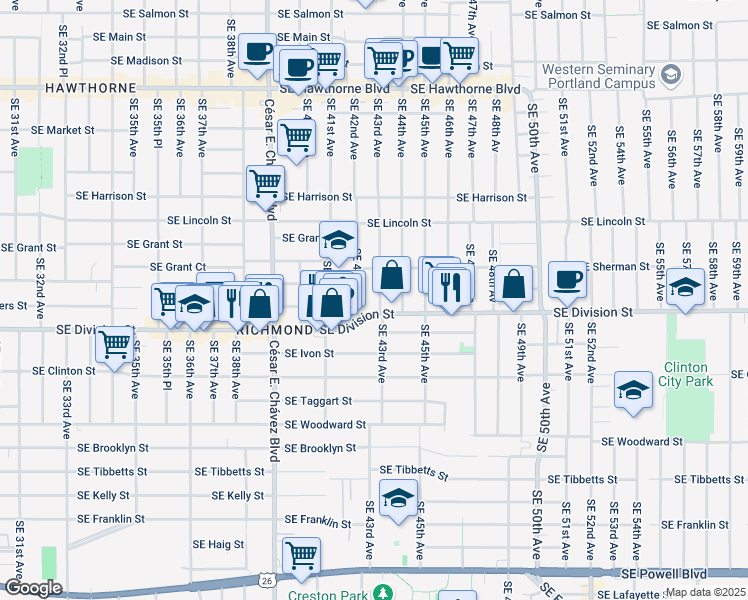 map of restaurants, bars, coffee shops, grocery stores, and more near 2370 Southeast 42nd Avenue in Portland