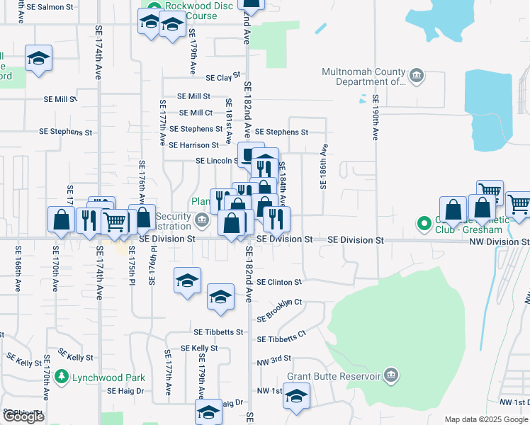map of restaurants, bars, coffee shops, grocery stores, and more near 2190 Southeast 182nd Avenue in Portland