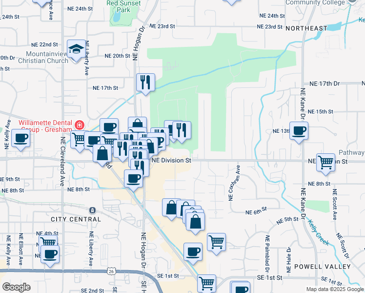 map of restaurants, bars, coffee shops, grocery stores, and more near 2157 Northeast Division Street in Gresham