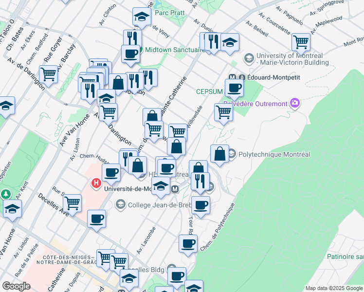 map of restaurants, bars, coffee shops, grocery stores, and more near 5539 Avenue Woodbury in Montréal