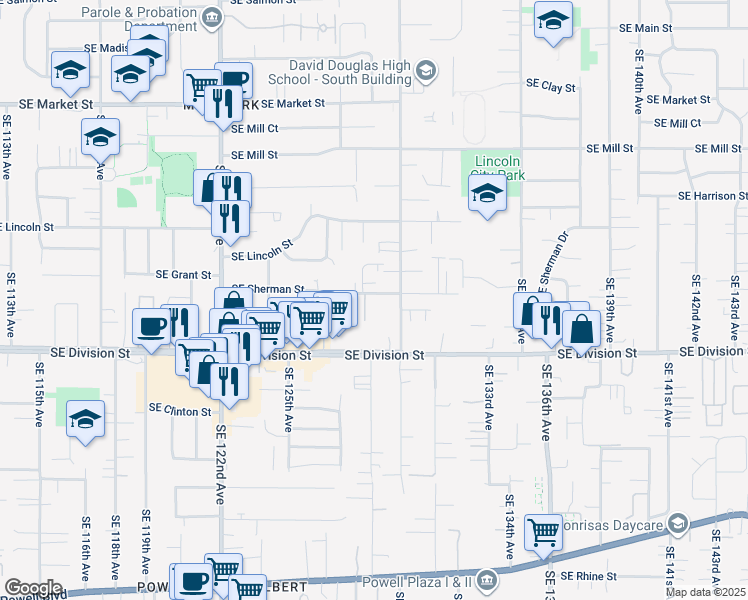 map of restaurants, bars, coffee shops, grocery stores, and more near 2305 Southeast 130th Avenue in Portland