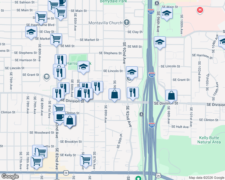 map of restaurants, bars, coffee shops, grocery stores, and more near 2413 Southeast 90th Avenue in Portland