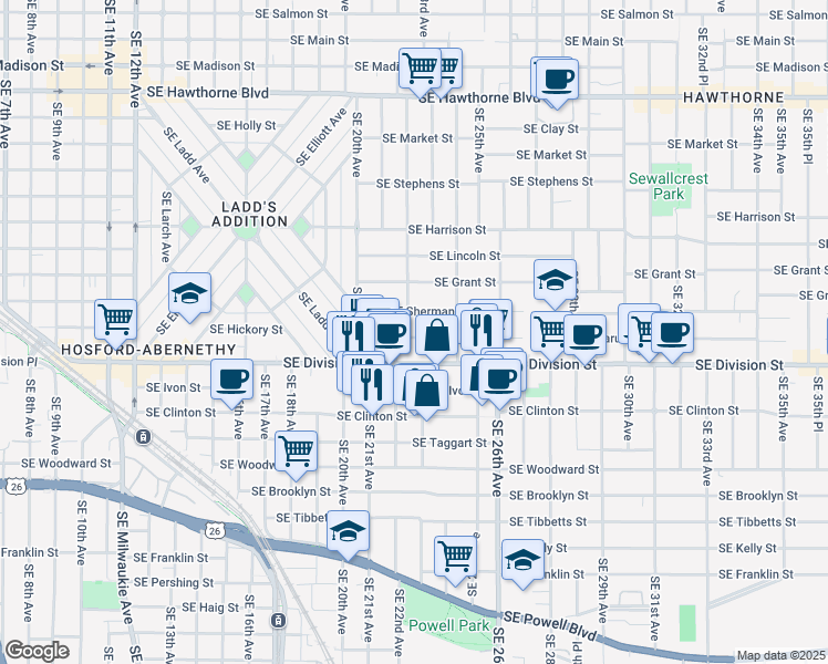 map of restaurants, bars, coffee shops, grocery stores, and more near 2222 Southeast Caruthers Street in Portland