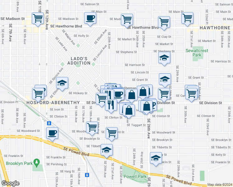 map of restaurants, bars, coffee shops, grocery stores, and more near 2105 Southeast Caruthers Street in Portland