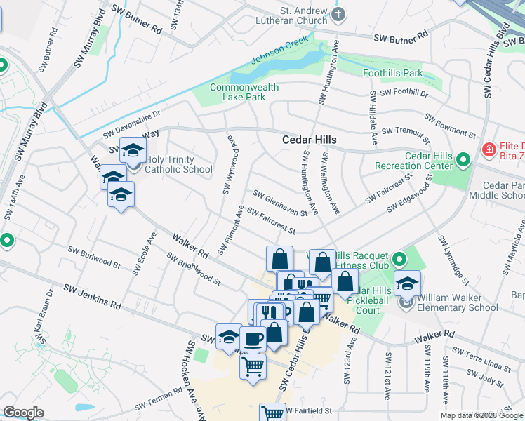 map of restaurants, bars, coffee shops, grocery stores, and more near 12865 Southwest Faircrest Street in Portland